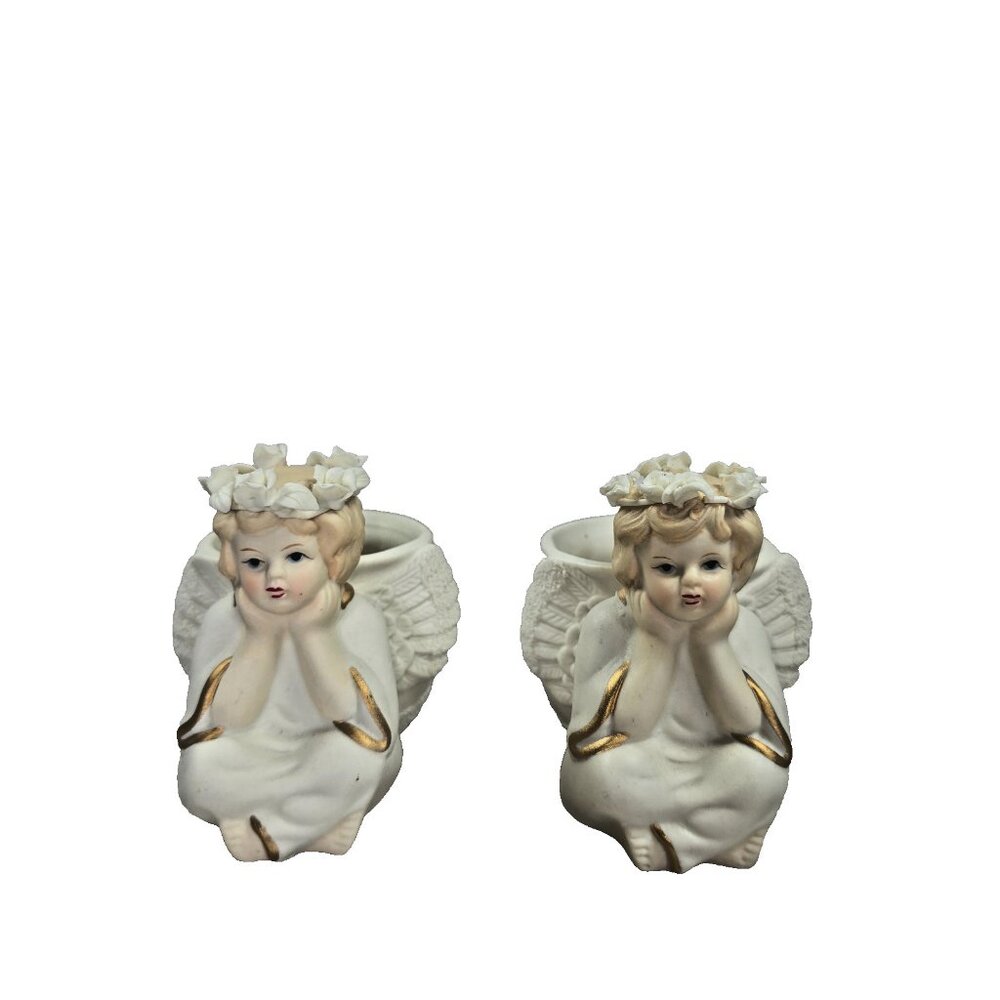 Votive Candle Holders Angel Cherub Porcelain Set of 2 Whimsical Shelf Decor 4"
